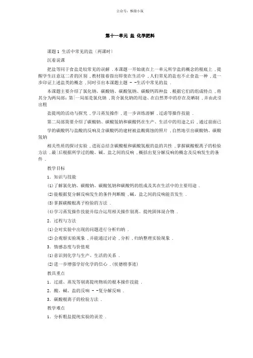 《生活中常见的盐》教案 2022年(公开课)人教版精品教案