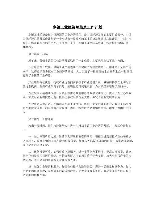 乡镇工业经济总结及工作计划