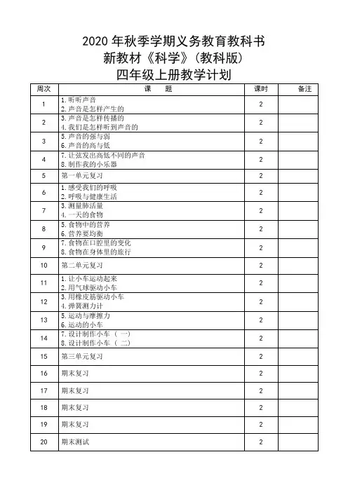 2020年秋季学期教科版新教材四年级上册科学教学计划