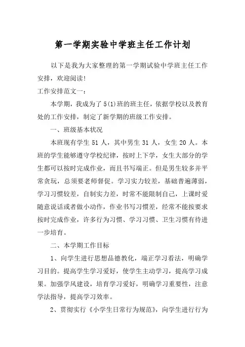 第一学期实验中学班主任工作计划