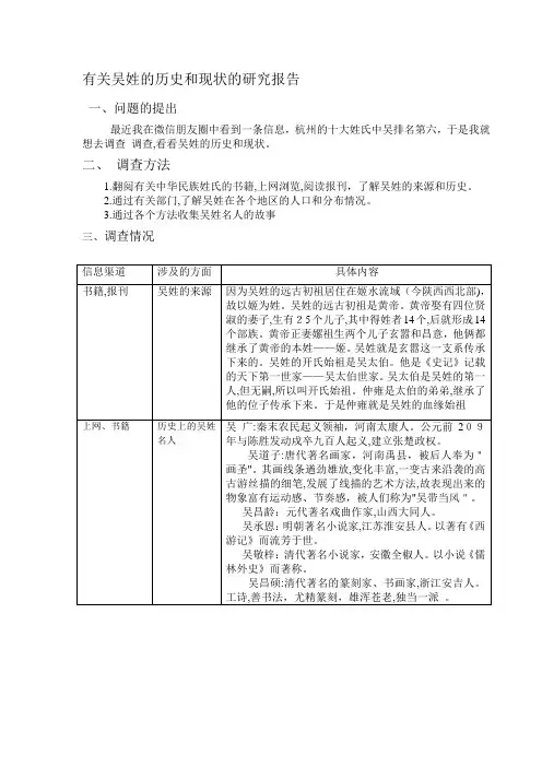 「有关吴姓的历史和现状的研究报告」
