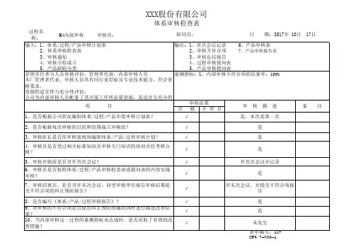 IATF16949：2016体系审核检查表-内部审核