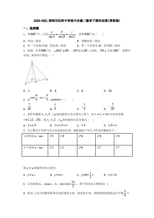 2020-2021深圳市红岭中学高中必修二数学下期末试卷(带答案)