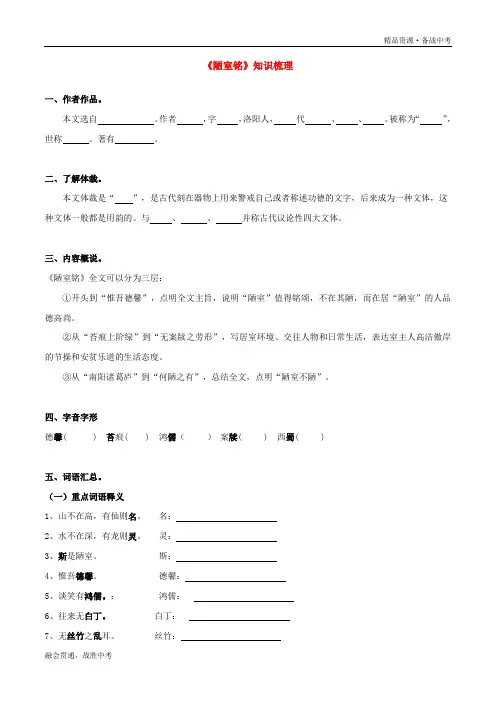 2020年语文七年级文言文梳理专题07 《陋室铭》(知识原卷)