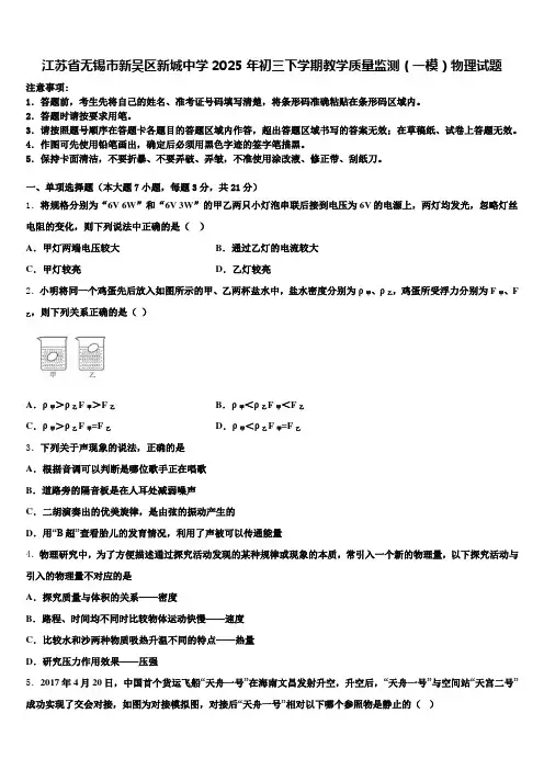 江苏省无锡市新吴区新城中学2025年初三下学期教学质量监测(一模)物理试题含解析