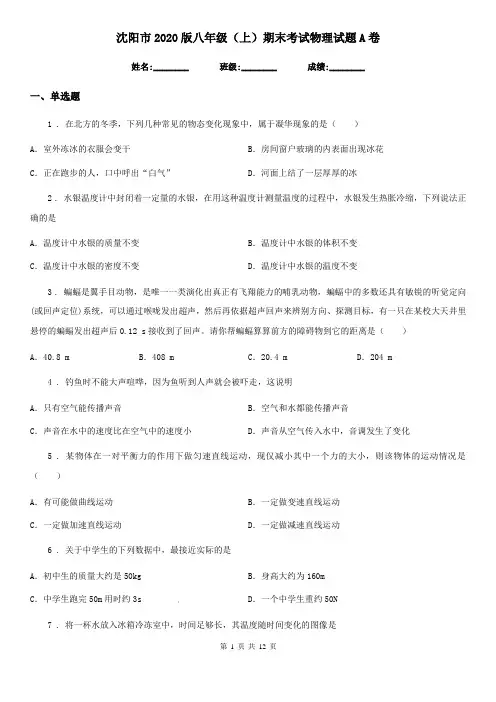 沈阳市2020版八年级(上)期末考试物理试题A卷