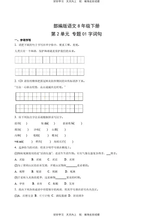 部编版语文八年级下册第二单元专题01字词句测试试卷(含答案)