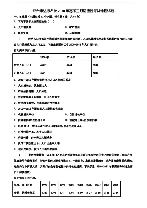 邢台市达标名校2018年高考三月适应性考试地理试题含解析