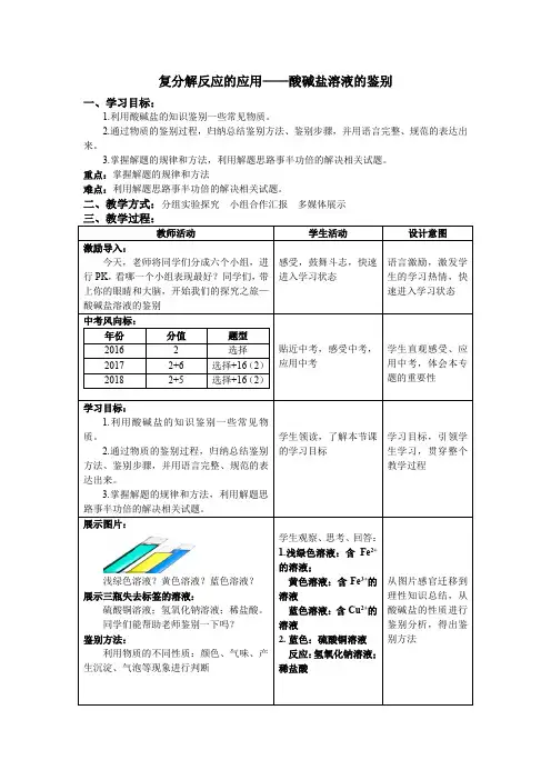 初中化学_复分解反应的应用——酸碱盐溶液的鉴别教学设计学情分析教材分析课后反思