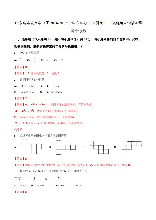 山东省泰安市泰山区2016-2017学年六年级(五四制)上学期期末学情检测数学试题解析(解析版)