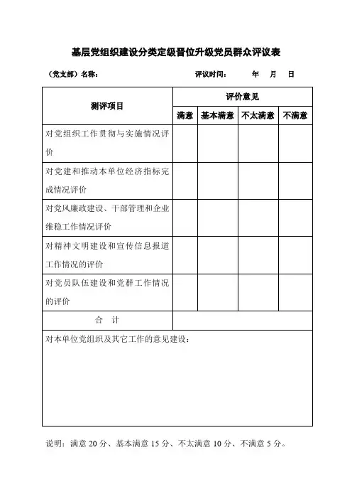 基层党组织建设分类定级晋位升级党员群众评议表