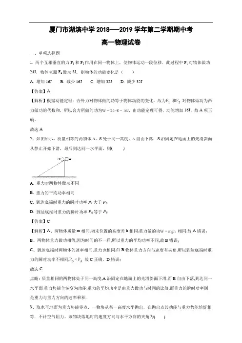 福建省厦门市湖滨中学2018-2019学年高一下学期期中考试物理试卷 Word含答案