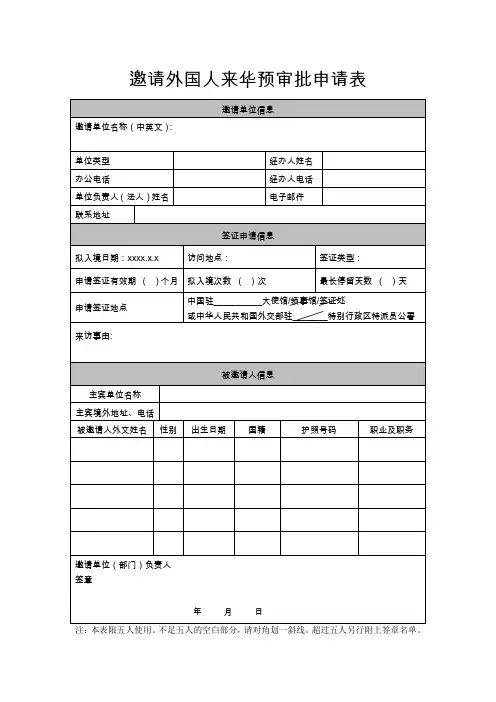 邀请外国人来华预审批申请表