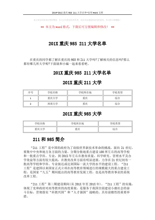 2019-201X重庆985 211大学名单-实用word文档 (4页)