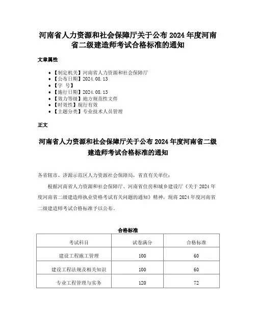 河南省人力资源和社会保障厅关于公布2024年度河南省二级建造师考试合格标准的通知