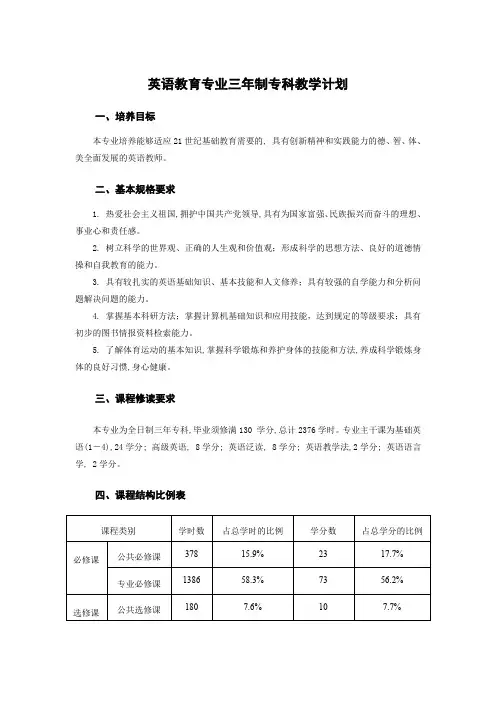 英语教育专业三年制专科教学计划