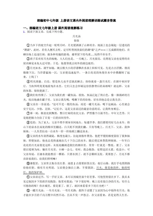 部编初中七年级 上册语文课内外阅读理解训练试题含答案