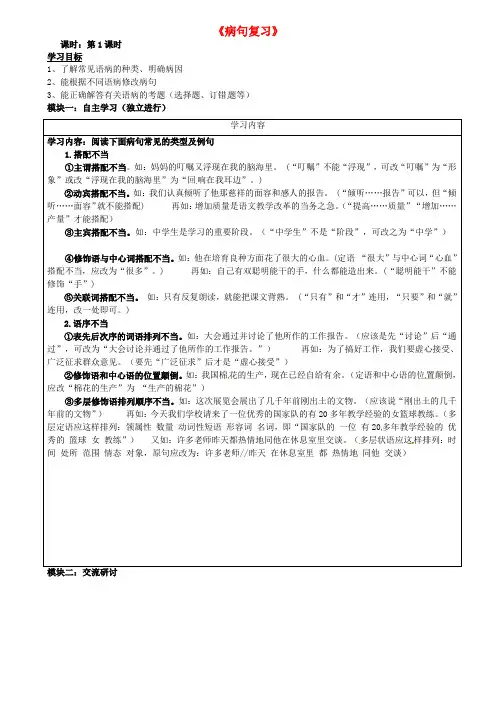 广东省河源市中国教育学会中英文实验学校七年级语文下册《病句修改》导学稿(无答案)(新版)语文版