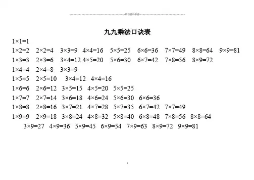 九九乘法口诀表(打印版)全精编版