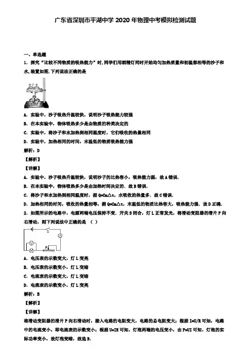 广东省深圳市平湖中学2020年物理中考模拟检测试题(含答案有解析)