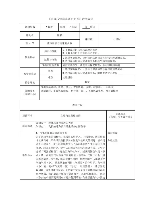 初中物理_《流体压强与流速的的关系》教学设计学情分析教材分析课后反思
