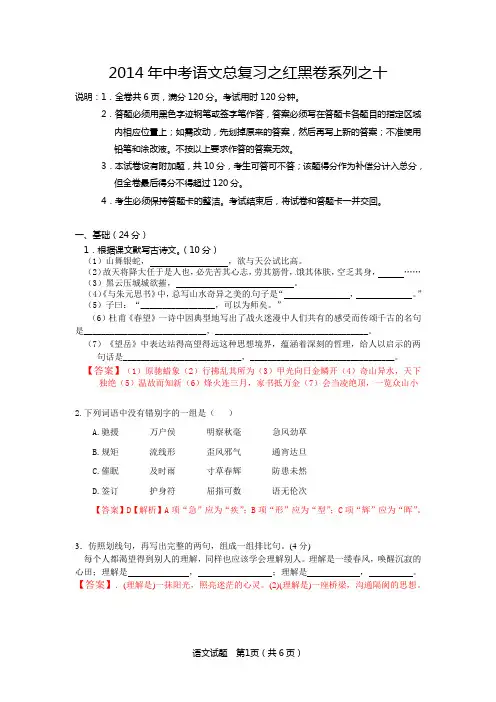 2014年中考语文总复习之红黑卷系列之十