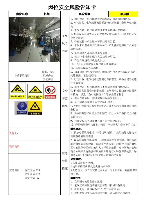 机加工车间岗位安全风险告知卡