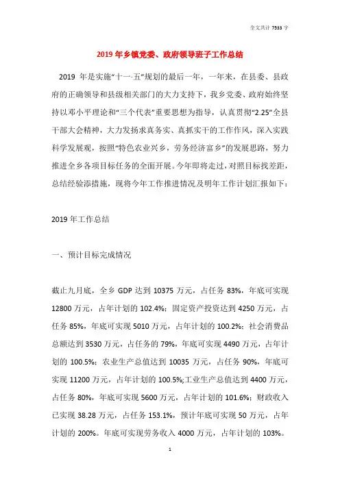 2019年乡镇党委、政府领导班子工作总结
