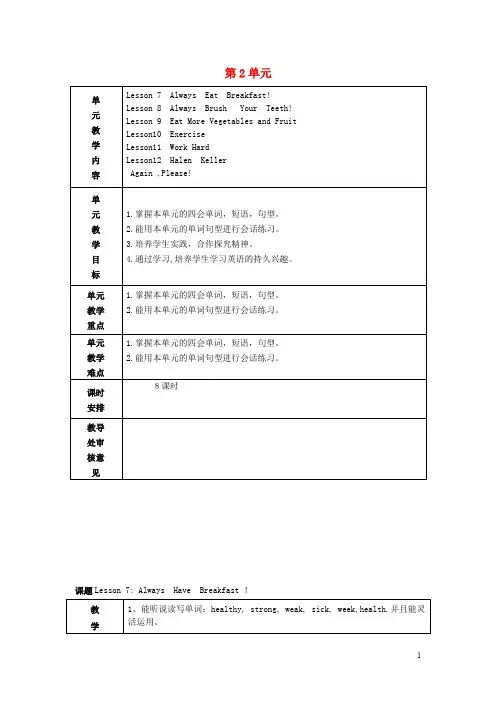 六年级英语下册Unit2GoodHealthtoYou教案(新版)冀教版(