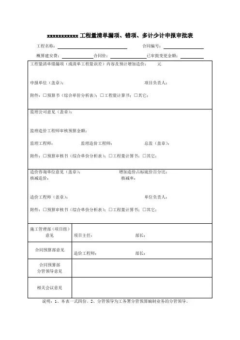 工程量清单漏项、错项、多计少计申报审批表