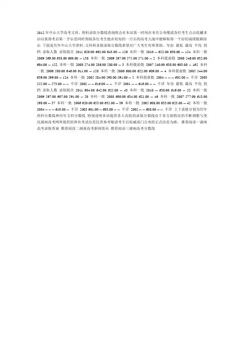 中山大学历年湖南录取分数及2012年录取分数线预测