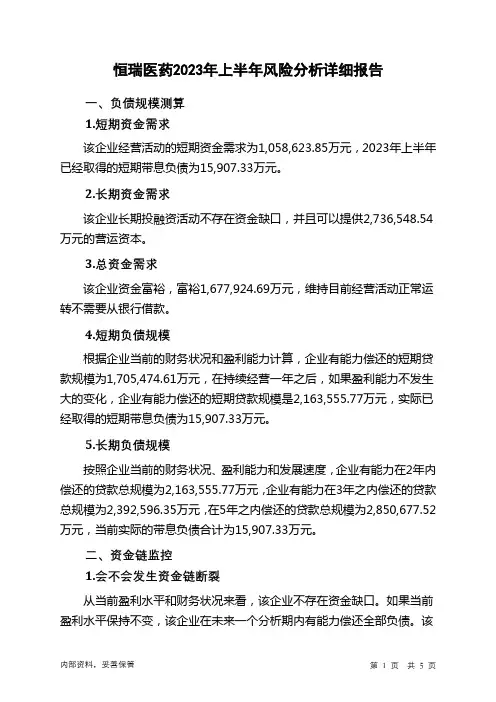 600276恒瑞医药2023年上半年财务风险分析详细报告