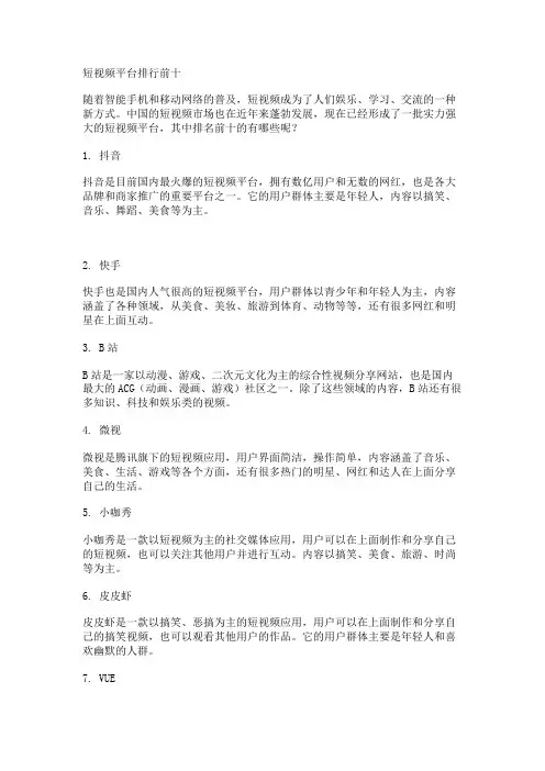 短视频平台排行前十