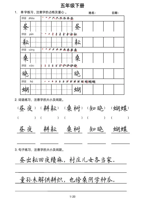 小学五年级下册语文考试卷面书写提分综合强化练习字帖电子版