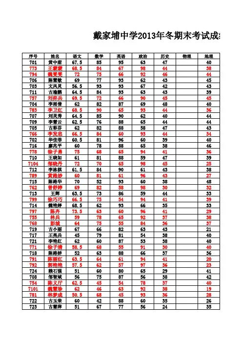 戴家埔中学2013年下半年期末考试学生成绩统计表(正式)