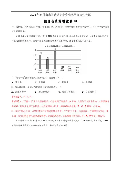 2022年6月山东省普通高中学业水平合格性考试地理仿真模拟试卷01(解析版)