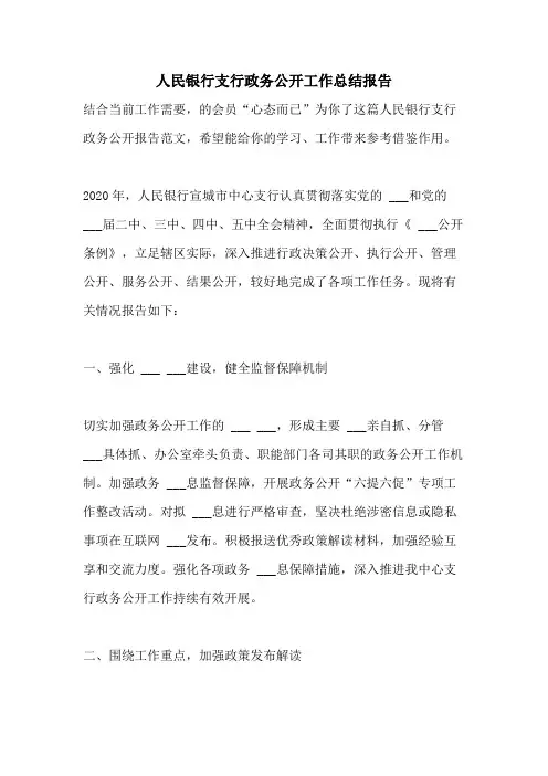 2021年人民银行支行政务公开工作总结报告