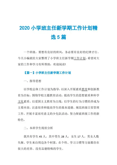 2020小学班主任新学期工作计划精选5篇