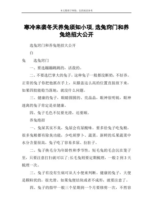 寒冷来袭冬天养兔须知小项,选兔窍门和养兔绝招大公开