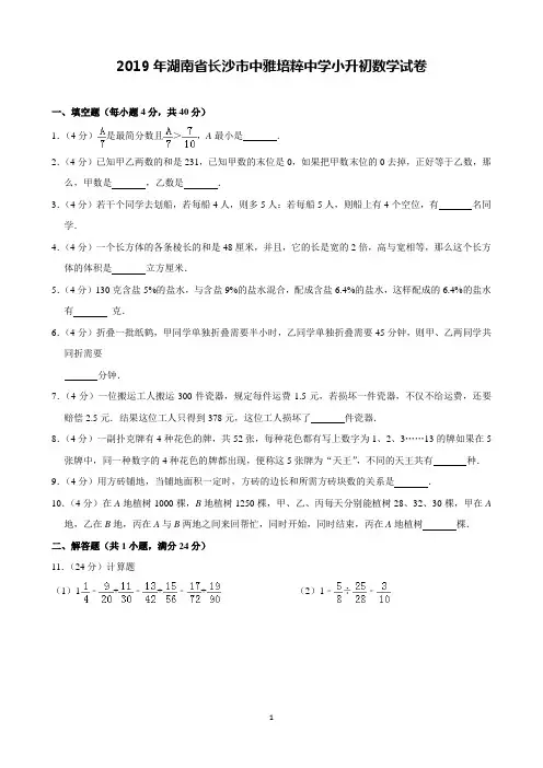 2019年湖南省长沙市中雅培粹中学小升初数学试卷(含解析)完美打印版