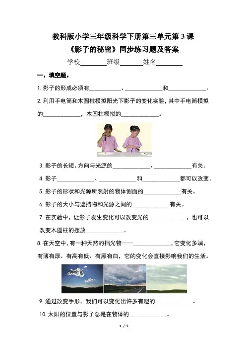 教科版小学三年级科学下册第三单元第3课《影子的秘密》同步练习题及答案