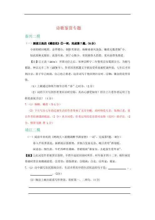 泰州市2019年初中九年级中考语文模拟试卷精选汇编：诗歌鉴赏专题