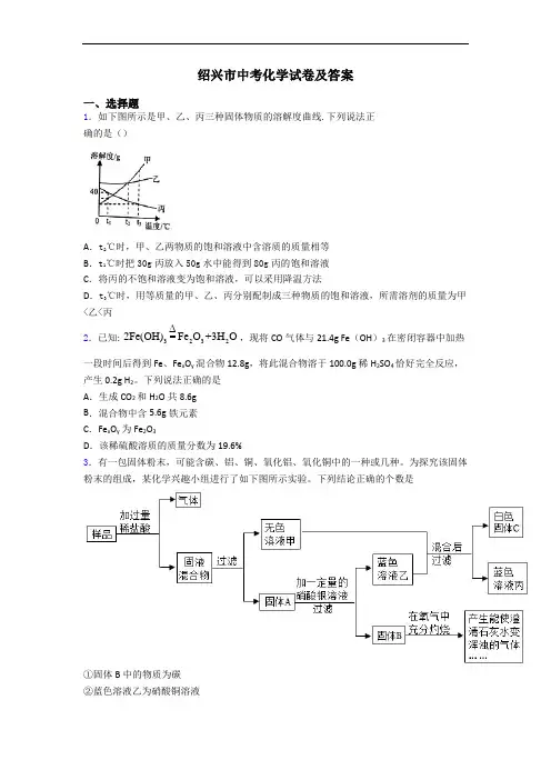 绍兴市中考化学试卷及答案