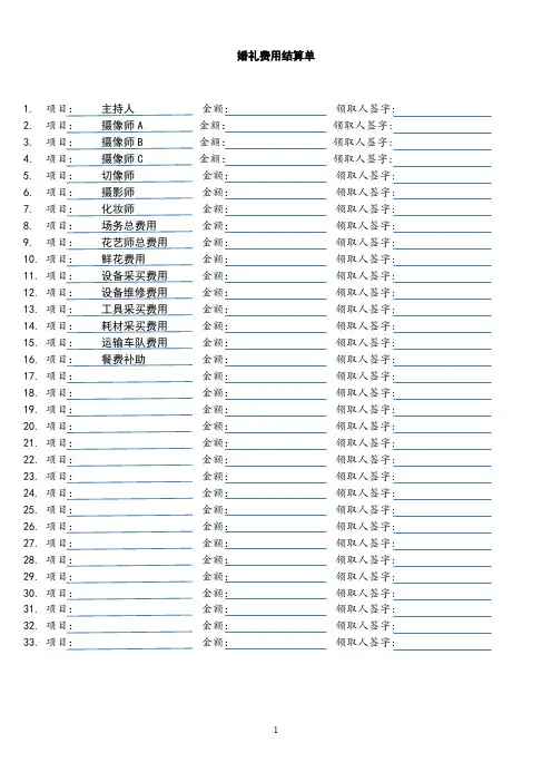 婚礼公司必备表格：婚礼费用结算单
