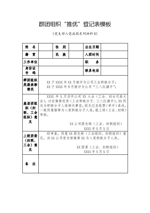 党支部入党材料群团组织推优登记表模板