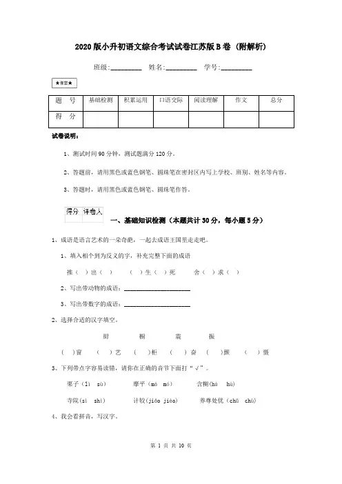 2020版小升初语文综合考试试卷江苏版B卷 (附解析)