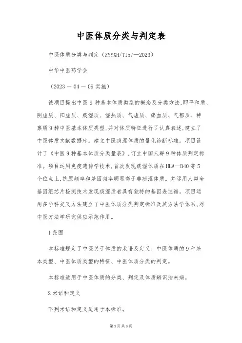 中医体质分类与判定表