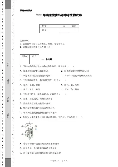 2020年山东省青岛市中考生物试卷(含详细解析)