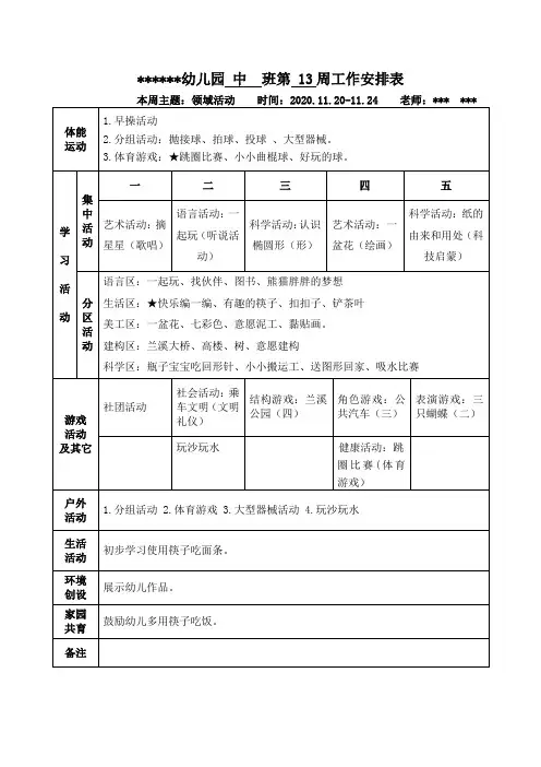 幼儿园中班第13周工作安排表