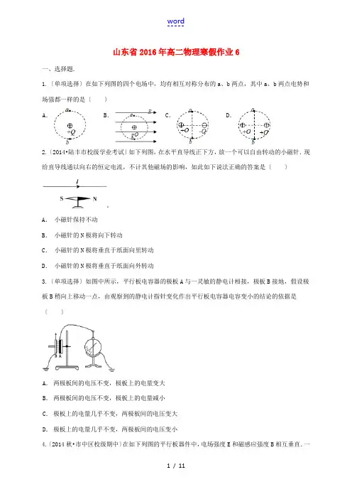 山东省高二物理寒假作业(6)《选修3-1、3-2》-人教版高二选修3-1物理试题